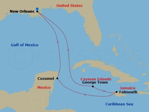 8 Night - Western Caribbean Cruise - Mariner of the Seas - Starting in New Orleans, Louisiana, George Town, Grand Cayman, Falmouth, Jamaica, Cozumel, Mexico, New Orleans, Louisiana itinerary map