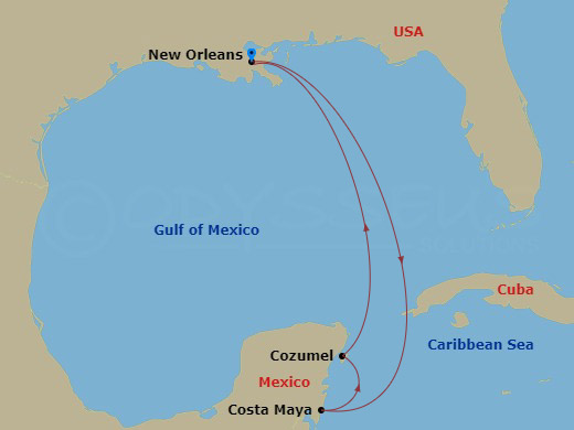 6 Night - Western Caribbean Cruise - Mariner of the Seas - Starting in New Orleans, Louisiana, Puerto Costa Maya, Mexico, Cozumel, Mexico, New Orleans, Louisiana itinerary map