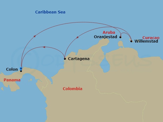 7 Night - Southern Caribbean Cruise - Grandeur of the Seas - Starting in Colon, Panama, Cartagena CO, Willemstad AN, Curacao, Oranjestad, Aruba, Colon, Panama itinerary map