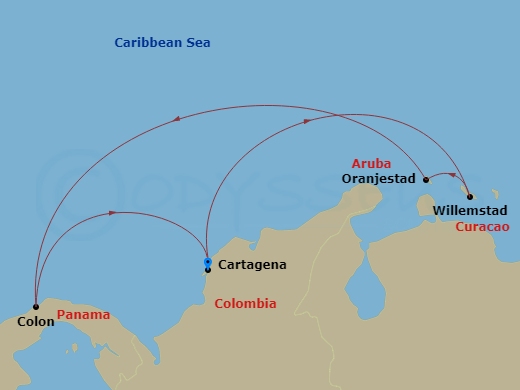 7 Night - Southern Caribbean Cruise - Grandeur of the Seas - Starting in Cartagena CO, Willemstad AN, Curacao, Oranjestad, Aruba, Colon, Panama, Cartagena CO itinerary map