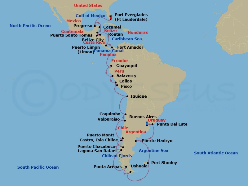 41 Night - South America - Crystal Serenity - Starting in Buenos Aires, Punta Del Este, Puerto Madryn, Port Stanley, Falkland Islands, Ushuaia, Punta Arenas, Cruising the Chilean Fjords, Laguna San Raphael, Puerto Chacabuco, Castro, Puerto Montt, Valparaiso, Coquimbo, Iquique, Pisco, Lima (Callao), Salaverry, Guayaquil, Fuerte Amador (Panama City), Panama Canal Transit, Puerto Limon, Roatan Island, Santo Tomas, Belize City, Cozumel, Quintana Roo, Progreso (Merida), Fort Lauderdale itinerary map