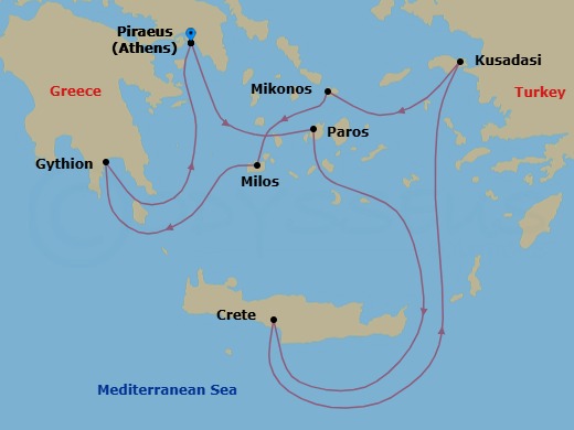 7 Night - Athens to Athens - Silver Nova - Starting in Athens (Piraeus), Paros, Souda Bay (Crete), Kusadasi, Mykonos, Milos, Gythion, Athens (Piraeus) itinerary map