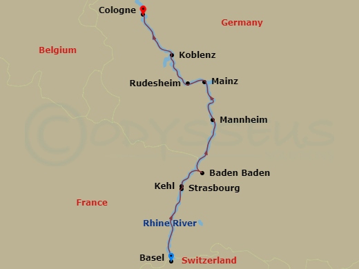7 Night - Rhine Holiday Markets - River Duchess - Starting in Basel, Strasbourg, Mannheim (Baden-Baden), Mainz, Rudesheim, Cruising the romantic Rhine River, Koblenz, Cologne itinerary map