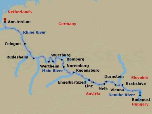 14 Night - Magnificent Europe - AmaMora - Starting in Budapest, Bratislava, Vienna, Durnstein, Melk, Linz, Engelhartszell, Regensburg, Nuremberg, Bamberg, Wurzburg, Wertheim, Freudenberg, Rudesheim, Lahnstein, Cologne, Amsterdam itinerary map