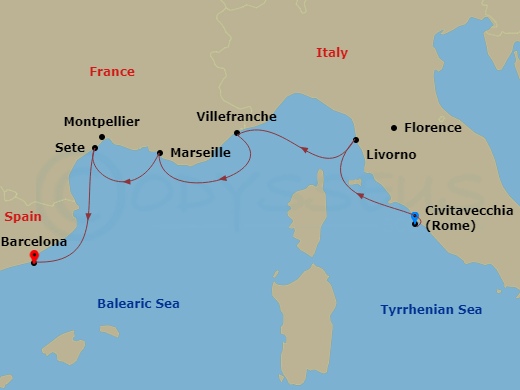 7 Night - Iconic Western Mediterranean - Viking Libra - Starting in Rome (Civitavecchia), Florence / Pisa (Livorno), Villefranche-Sur-Mer, Marseille, Sete, Barcelona itinerary map