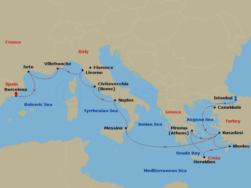 21 Night - Iconic Mediterranean Treasures - Viking Astrea - Starting in Istanbul, Troy (Canakkale), Ephesus (Kusadasi), Rhodes, Crete (Heraklion), Athens (Piraeus), Ephesus (Kusadasi), Crete (Souda Bay), Sail the Ionian Sea, Sicily (Messina), Naples, Rome (Civitavecchia), Florence / Pisa (Livorno), Villefranche-Sur-Mer, Marseille, Sete, Barcelona itinerary map