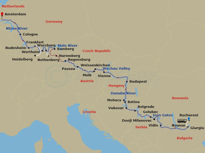 23 Night - Ultimate European Journey - S.S. Beatrice Tours - Starting in Bucharest, Bucharest, Transfer to Giurgiu, Ruse, Vidin, Cruising the Iron Gates, Donji Milanovac, Golubac, Belgrade, Ilok, Aljmas, Budapest, Cruising the Danube River, Vienna, Vienna, Cruising the Wachau Valley, Weissenkirchen (Melk), Passau, Regensburg, Nuremberg, Bamberg, Wurzburg (Rothenburg), Wertheim, Frankfurt (Heidelberg), Rudesheim, Cologne, Amsterdam itinerary map