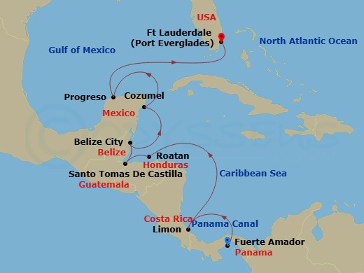 11 Night - The Americas & Caribbean - Crystal Serenity - Starting in Fuerte Amador (Panama City), Panama Canal Transit, Puerto Limon, Roatan Island, Santo Tomas, Belize City, Cozumel, Quintana Roo, Progreso (Merida), Fort Lauderdale itinerary map