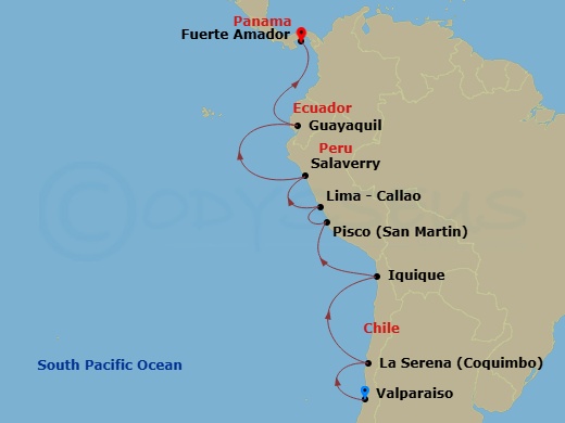 12 Night - South America - Crystal Serenity - Starting in Valparaiso, Coquimbo, Iquique, Pisco, Lima (Callao), Salaverry, Guayaquil, Fuerte Amador (Panama City) itinerary map