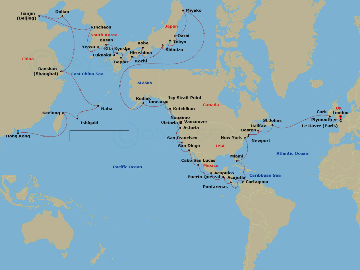 87 Night - Hong Kong to London Grand Voyage - Azamara Quest - Starting in Hong Kong, Taipei (Keelung), Ishigaki, Naha, Okinawa, Shanghai, Dalian, Beijing (Tianjin), Seoul (Incheon), Yeosu, Busan, Fukuoka, Kitakyushu, Hiroshima, Beppu, Kochi, Kobe, Mount Fuji (Shimizu), Tokyo, Oarai, Miyako, Iwate, Cross International Dateline West, Kodiak, Alaska, Juneau, Alaska, Icy Strait Point, Alaska, Ketchikan (Ward Cove), Alaska, Nanaimo, British Columbia, Vancouver, British Columbia, Seattle, Victoria CA, Canada, Astoria, Oregon, San Francisco, California, San Diego, Cabo San Lucas, Acapulco, Puerto Quetzal, Acajutla, Puntarenas, Panama Canal (Cruising), Cartagena CO, Miami, Florida, New York City, New York, Newport, Rhode Island, Cape Cod Canal Cruising, Boston, Massachusetts, Halifax, Nova Scotia, St Johns NF, Newfoundland, Cork (Cobh), Plymouth, England, Le Havre, London (Tilbury), England itinerary map