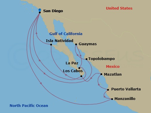 18 Night - The Americas & Caribbean - Crystal Serenity - Starting in San Diego, Topolobampo, Guaymas, La Paz, Isla Natividad (Sightseeing Only), San Diego, Manzanillo, Puerto Vallarta, Mazatlan, Cabo San Lucas (Baja California Sur), San Diego itinerary map