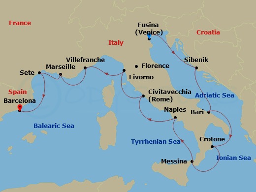 14 Night - Mediterranean & Italian Sojourn - Viking Saturn - Starting in Venice, Sibenik, Bari, Crotone, Sicily (Messina), Naples, Rome (Civitavecchia), Florence / Pisa (Livorno), Villefranche-Sur-Mer, Marseille, Sete, Barcelona itinerary map