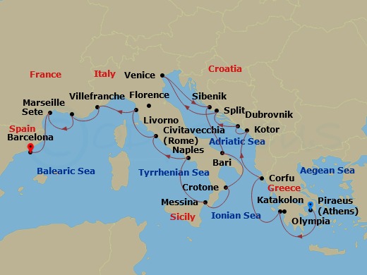 21 Night - Mediterranean & Adriatic Sojourn - Viking Saturn - Starting in Athens (Piraeus), Katakolon (Olympia), Corfu (Kerkyra), Kotor, Dubrovnik, Croatia, Split, Venice, Sibenik, Bari, Crotone, Sicily (Messina), Naples, Rome (Civitavecchia), Florence / Pisa (Livorno), Villefranche-Sur-Mer, Marseille, Sete, Barcelona itinerary map