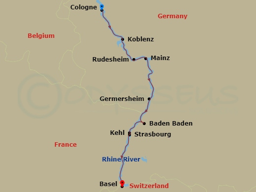 7 Night - Rhine Holiday Markets - S.S. Antoinette - Starting in Cologne, Koblenz, Cruising the romantic Rhine River, Rudesheim, Mainz, Germersheim (Baden-Baden), Strasbourg, Basel itinerary map