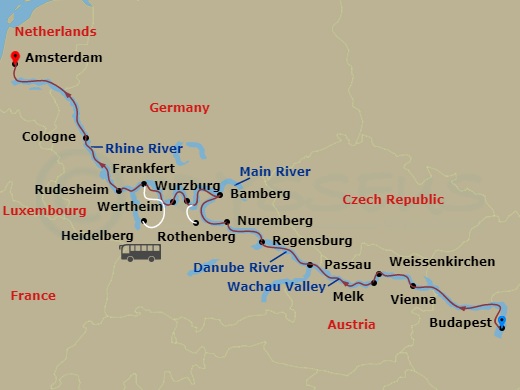 14 Night - European Jewels - S.S. Beatrice - Starting in Budapest, Cruising the Danube River, Vienna, Vienna, Cruising the Wachau Valley, Weissenkirchen (Melk), Passau, Regensburg, Nuremberg, Bamberg, Wurzburg (Rothenburg), Wertheim, Frankfurt (Heidelberg), Rudesheim, Cologne, Amsterdam itinerary map