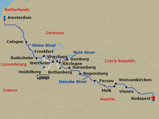 14 Night - European Jewels - S.S. Beatrice - Starting in Amsterdam, Cologne, Rudesheim, Frankfurt (Heidelberg), Wertheim, Wurzburg, Cruising the Main River, Kitzingen (Rothenburg), Bamberg, Nuremberg, Cruising the Main-Danube Canal, Regensburg, Passau, Weissenkirchen (Melk), Tulln, Vienna, Budapest itinerary map