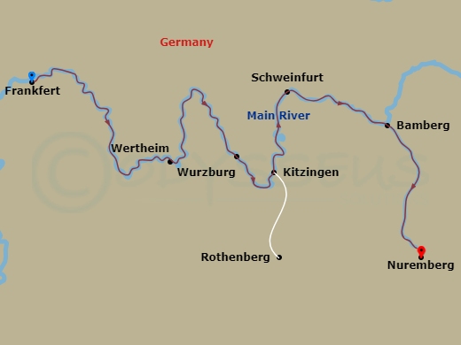 7 Night - Classic Christmas Markets - S.S. Elisabeth - Starting in Frankfurt, Cruising the Main River, Wertheim, Wurzburg, Kitzingen (Rothenburg), Schweinfurt, Bamberg, Nuremberg itinerary map