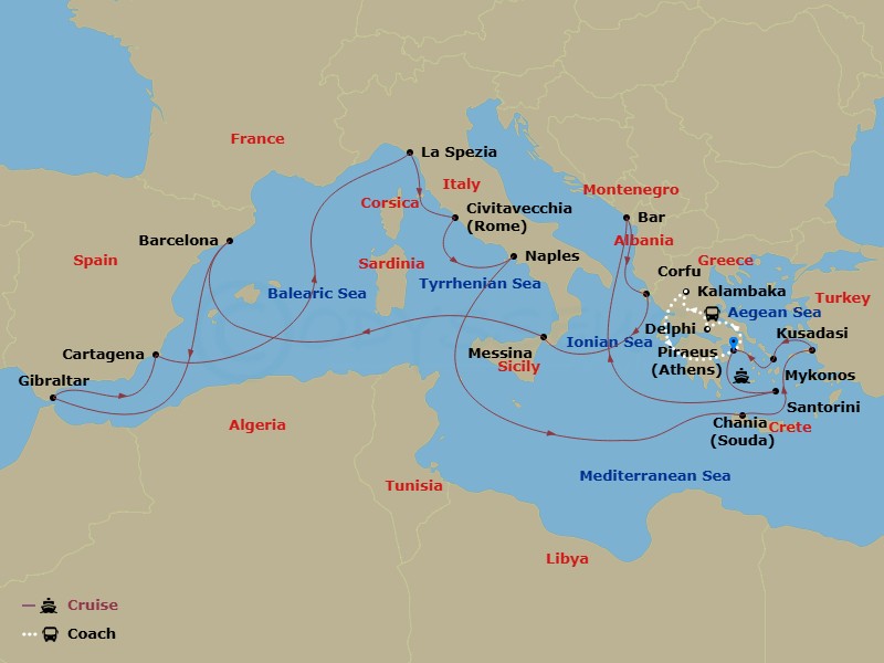 24 Night - Best of Greece - Tour 5C - Sun Princess Tours - Starting in Athens (Piraeus), Greece, Delphi, Greece, Kalambaka, Greece, Athens (Piraeus), Greece, Santorini, Greece, Montenegro, Corfu, Greece, Sicily (Messina), Italy, Barcelona, Spain, Gibraltar, Cartagena ES, La Spezia (for Florence / Pisa), Italy, Civitavecchia (for Rome), Italy, Naples, Italy (for Capri and Pompeii), Crete (Chania), Greece, Kusadasi, Turkey (for Ephesus), Mykonos, Greece, Athens (Piraeus), Greece itinerary map
