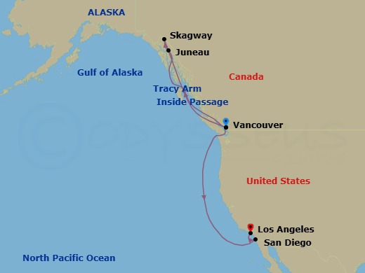 11 Night - Inside Passage & Pacific Coast - Coral Princess - Starting in Vancouver, Canada, Juneau, Alaska, Skagway, Alaska, Tracy Arm Fjord (Scenic Cruising), Alaska, Vancouver, Canada, San Diego, California, Los Angeles, California itinerary map