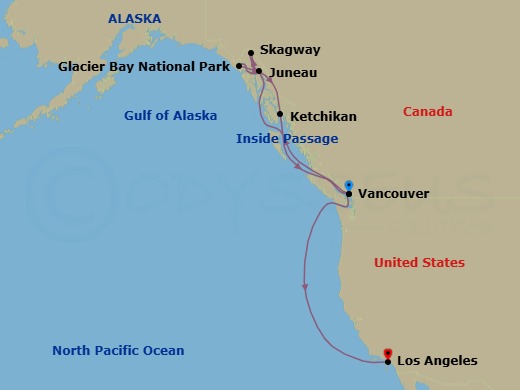 11 Night - Inside Passage (W / Glacier Bay National Park) & Pacific Coast - Emerald Princess - Starting in Vancouver, Canada, Juneau, Alaska, Skagway, Alaska, Glacier Bay National Park (Scenic Cruising), Alaska, Ketchikan, Alaska, Vancouver, Canada, Los Angeles, California itinerary map