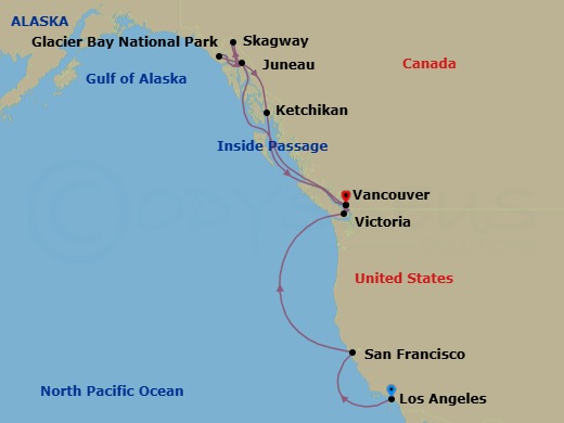 12 Night - Inside Passage (W / Glacier Bay National Park) & Pacific Coast - Emerald Princess - Starting in Los Angeles, California, San Francisco, California, Victoria CA, Vancouver, Canada, Juneau, Alaska, Skagway, Alaska, Glacier Bay National Park (Scenic Cruising), Alaska, Ketchikan, Alaska, Vancouver, Canada itinerary map