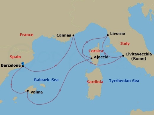 7 Night - Italy, French Riviera & Spain - Valiant Lady - Starting in Barcelona, Spain, Cannes, France, Rome (Civitavecchia), Italy, Florence / Pisa (Livorno), Italy, Ajaccio, Corsica, France, Palma De Mallorca, Spain, Barcelona, Spain itinerary map