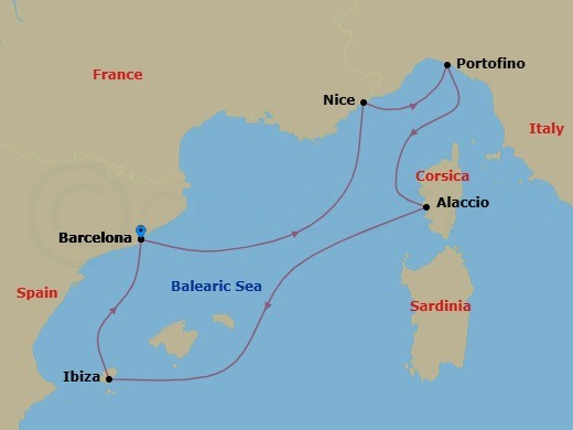 7 Night - French Riviera, Italy & Ibiza Overnight - Valiant Lady - Starting in Barcelona, Spain, Nice (Villafranche), France, Portofino (Santa Margherita), Italy, Ajaccio, Corsica, France, Ibiza, Spain, Barcelona, Spain itinerary map