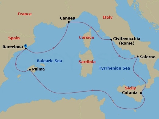 7 Night - Italy, French Riviera & Spain - Valiant Lady - Starting in Barcelona, Spain, Cannes, France, Rome (Civitavecchia), Italy, Amalfi Coast (Salerno), Italy, Catania, Sicily, Italy, Palma De Mallorca, Spain, Barcelona, Spain itinerary map