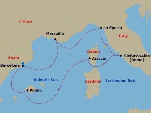 7 Night - Italy, French Riviera & Spain - Valiant Lady - Starting in Barcelona, Spain, Provence (Marseille), France, Tuscany / Cinque Terre (La Spezia), Italy, Rome (Civitavecchia), Italy, Ajaccio, Corsica, France, Palma De Mallorca, Spain, Barcelona, Spain itinerary map
