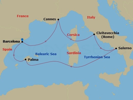 6 Night - Italy, French Riviera & Spain - Valiant Lady - Starting in Barcelona, Spain, Cannes, France, Rome (Civitavecchia), Italy, Amalfi Coast (Salerno), Italy, Palma De Mallorca, Spain, Barcelona, Spain itinerary map