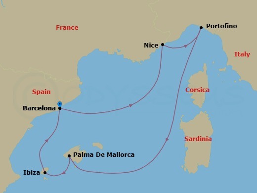 7 Night - French Riviera, Italy & Ibiza Overnight - Valiant Lady - Starting in Barcelona, Spain, Nice (Villafranche), France, Portofino (Santa Margherita), Italy, Palma De Mallorca, Spain, Ibiza, Spain, Barcelona, Spain itinerary map