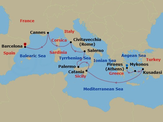 11 Night - Mediterranean : Athens to Barcelona - Valiant Lady - Starting in Athens (Piraeus), Greece, Mykonos, Greece, Ephesus (Kusadasi), Turkey, Catania, Sicily, Italy, Palermo, Sicily, Italy, Amalfi Coast (Salerno), Italy, Rome (Civitavecchia), Italy, Cannes, France, Barcelona, Spain itinerary map