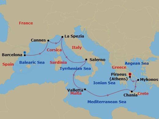 10 Night - Mediterranean : Barcelona to Athens - Valiant Lady - Starting in Barcelona, Spain, Cannes, France, Tuscany / Cinque Terre (La Spezia), Italy, Amalfi Coast (Salerno), Italy, Valletta, Malta, Chania (Souda Bay), Crete, Greece, Mykonos, Greece, Athens (Piraeus), Greece itinerary map
