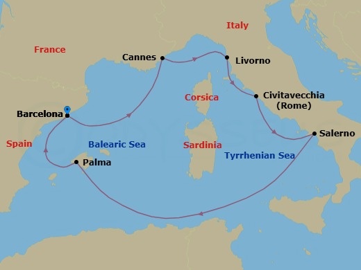 7 Night - Italy, French Riviera & Spain - Valiant Lady - Starting in Barcelona, Spain, Cannes, France, Florence / Pisa (Livorno), Italy, Rome (Civitavecchia), Italy, Amalfi Coast (Salerno), Italy, Palma De Mallorca, Spain, Barcelona, Spain itinerary map