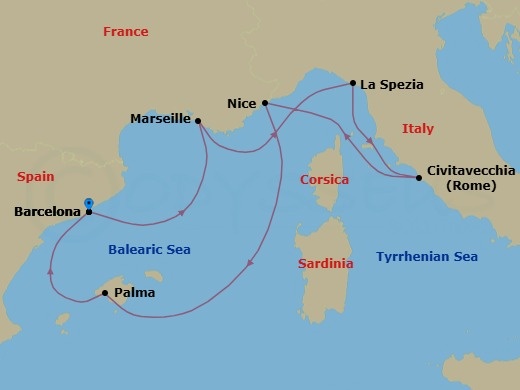 7 Night - French Riviera, Italy & Spain - Valiant Lady - Starting in Barcelona, Spain, Provence (Marseille), France, Tuscany / Cinque Terre (La Spezia), Italy, Rome (Civitavecchia), Italy, Nice (Villafranche), France, Palma De Mallorca, Spain, Barcelona, Spain itinerary map