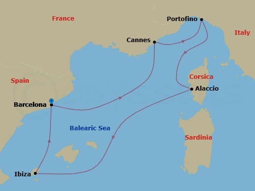 7 Night - French Riviera, Italy & Ibiza Overnight - Valiant Lady - Starting in Barcelona, Spain, Cannes, France, Portofino (Santa Margherita), Italy, Ajaccio, Corsica, France, Ibiza, Spain, Barcelona, Spain itinerary map