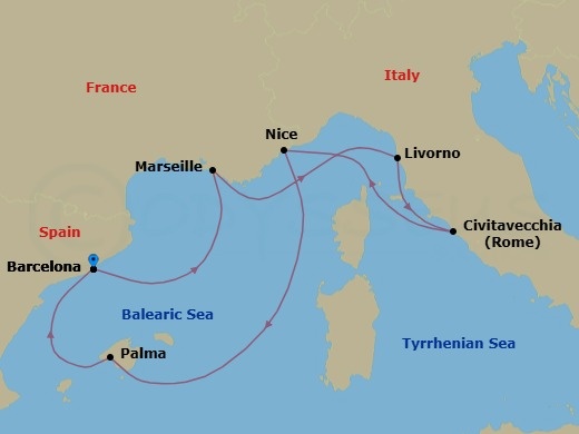 7 Night - French Riviera, Italy & Spain - Valiant Lady - Starting in Barcelona, Spain, Provence (Marseille), France, Florence / Pisa (Livorno), Italy, Rome (Civitavecchia), Italy, Nice (Villafranche), France, Palma De Mallorca, Spain, Barcelona, Spain itinerary map