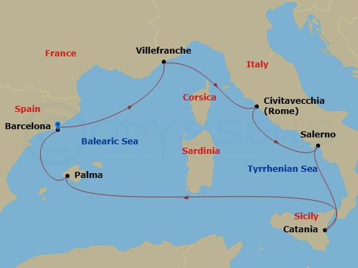 7 Night - Italy, French Riviera & Spain - Valiant Lady - Starting in Barcelona, Spain, Nice (Villafranche), France, Rome (Civitavecchia), Italy, Amalfi Coast (Salerno), Italy, Catania, Sicily, Italy, Palma De Mallorca, Spain, Barcelona, Spain itinerary map