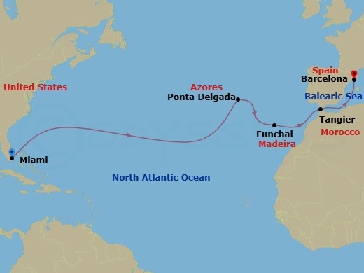 14 Night - Miami to Morocco & Spain Transatlantic - Valiant Lady - Starting in Miami, Florida, Ponta Delgada, Azores, Portugal, Funchal, Madeira, Portugal, Tangier, Morocco, Barcelona, Spain itinerary map