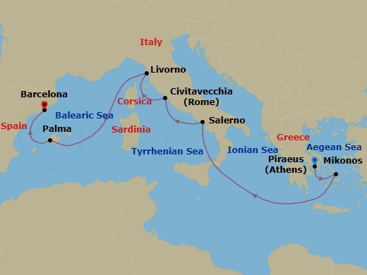 8 Night - Mediterranean : Athens to Barcelona - Scarlet Lady - Starting in Athens (Piraeus), Greece, Mykonos, Greece, Amalfi Coast (Salerno), Italy, Rome (Civitavecchia), Italy, Florence / Pisa (Livorno), Italy, Palma De Mallorca, Spain, Barcelona, Spain itinerary map