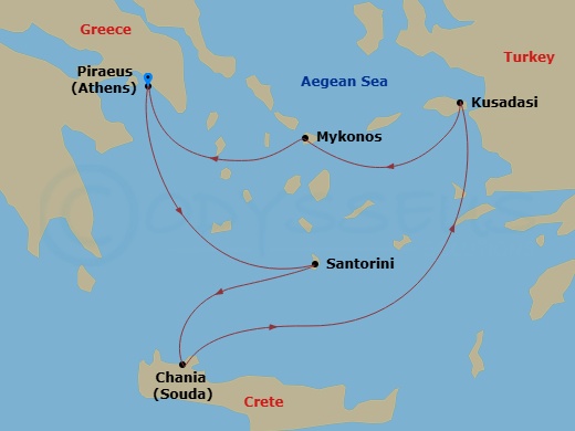 7 Night - Greek Isles, Turkey & Mykonos Overnight - Scarlet Lady - Starting in Athens (Piraeus), Greece, Santorini, Greece, Chania (Souda Bay), Crete, Greece, Ephesus (Kusadasi), Turkey, Mykonos, Greece, Athens (Piraeus), Greece itinerary map