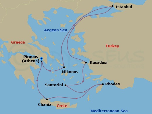 11 Night - Greek Isles, Turkey & Istanbul Overnight - Scarlet Lady - Starting in Athens (Piraeus), Greece, Chania (Souda Bay), Crete, Greece, Rhodes, Greece, Santorini, Greece, Ephesus (Kusadasi), Turkey, Istanbul, Turkey, Mykonos, Greece, Athens (Piraeus), Greece itinerary map