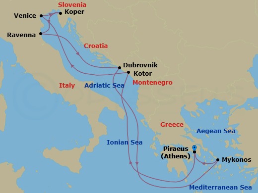 10 Night - The Adriatic, Italy & Greece - Scarlet Lady - Starting in Athens (Piraeus), Greece, Kotor, Montenegro, Venice (Trieste), Italy, Koper, Slovenia, Ravenna, Italy, Dubrovnik, Croatia, Mykonos, Greece, Athens (Piraeus), Greece itinerary map