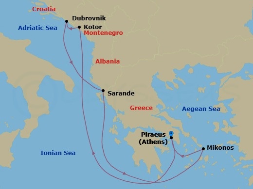 7 Night - The Adriatic, Albania & Greece - Scarlet Lady - Starting in Athens (Piraeus), Greece, Kotor, Montenegro, Dubrovnik, Croatia, Sarande, Albania, Mykonos, Greece, Athens (Piraeus), Greece itinerary map