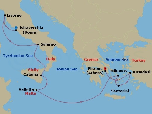 11 Night - Mediterranean : Rome to Athens - Scarlet Lady - Starting in Rome (Civitavecchia), Italy, Florence / Pisa (Livorno), Italy, Amalfi Coast (Salerno), Italy, Catania, Sicily, Italy, Valletta, Malta, Mykonos, Greece, Santorini, Greece, Ephesus (Kusadasi), Turkey, Athens (Piraeus), Greece itinerary map
