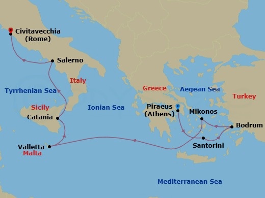 10 Night - Mediterranean : Athens to Rome - Scarlet Lady - Starting in Athens (Piraeus), Greece, Santorini, Greece, Bodrum, Turkey, Mykonos, Greece, Valletta, Malta, Catania, Sicily, Italy, Amalfi Coast (Salerno), Italy, Rome (Civitavecchia), Italy itinerary map