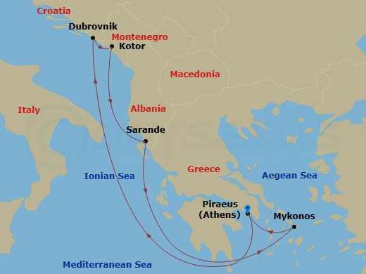 7 Night - The Adriatic, Albania & Greece - Scarlet Lady - Starting in Athens (Piraeus), Greece, Dubrovnik, Croatia, Kotor, Montenegro, Sarande, Albania, Mykonos, Greece, Athens (Piraeus), Greece itinerary map