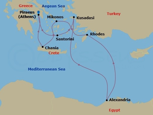 11 Night - Greek Isles, Turkey & Cairo Overnight - Scarlet Lady - Starting in Athens (Piraeus), Greece, Santorini, Greece, Ephesus (Kusadasi), Turkey, Alexandria EG (Cairo), Egypt, Rhodes, Greece, Mykonos, Greece, Chania (Souda Bay), Crete, Greece, Athens (Piraeus), Greece itinerary map