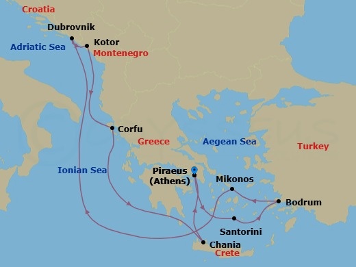 10 Night - Greek Isles & the Adriatic - Scarlet Lady - Starting in Athens (Piraeus), Greece, Santorini, Greece, Bodrum, Turkey, Mykonos, Greece, Dubrovnik, Croatia, Kotor, Montenegro, Corfu, Greece, Chania (Souda Bay), Crete, Greece, Athens (Piraeus), Greece itinerary map