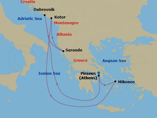 7 Night - The Adriatic, Albania & Greece - Scarlet Lady - Starting in Athens (Piraeus), Greece, Dubrovnik, Croatia, Sarande, Albania, Kotor, Montenegro, Mykonos, Greece, Athens (Piraeus), Greece itinerary map